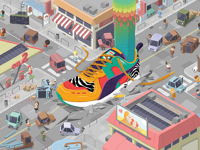 Animal Attack / KRG X Sekond attack cars city giant godzilla illustration isometric kaiju monster puma shoe sneaker