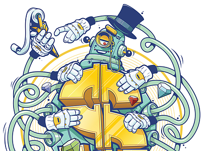 Moneybot bills count cyclops diamonds dollar hands money monocle robot robotics sekond top hat