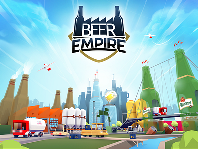 Beer Empire 3d beer bottle bridge city game low poly render skyscaper splash screen trucks vehicles