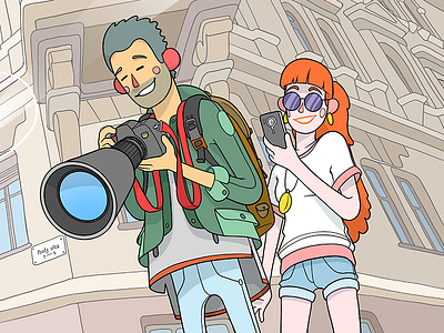 Tourists backpack boy camera character design characters figure ginger girl illustration lineart tourist tourists