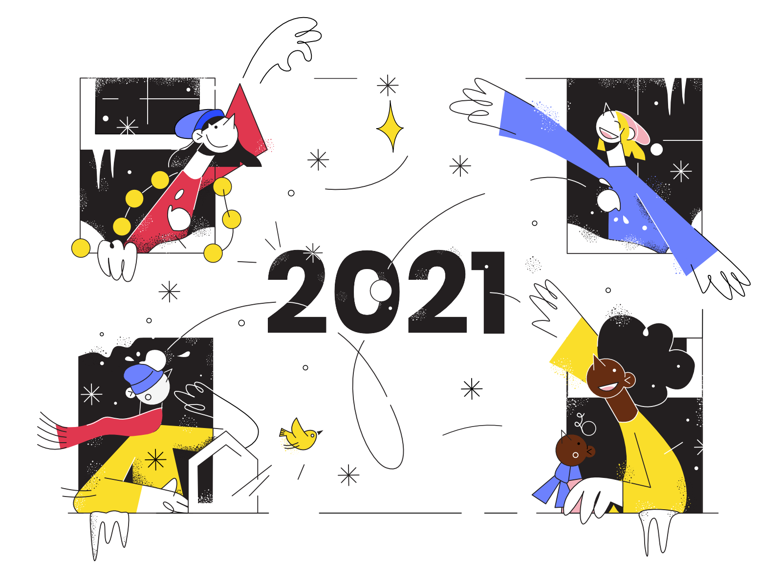 Happy New Year - 2021! 2021 character illustration covid distance holidays illustration new years eve snow social media summary window