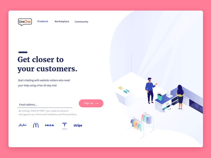 LiveChat Main Page blob chat ecommerce home page illustration isometric perspective landing page live chat main page people shop store