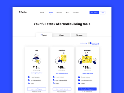 Buffer Pricing Page brand identity branding buffer characters customers design growth landing page platform pricing page pricing plan product social media suite tabs us website