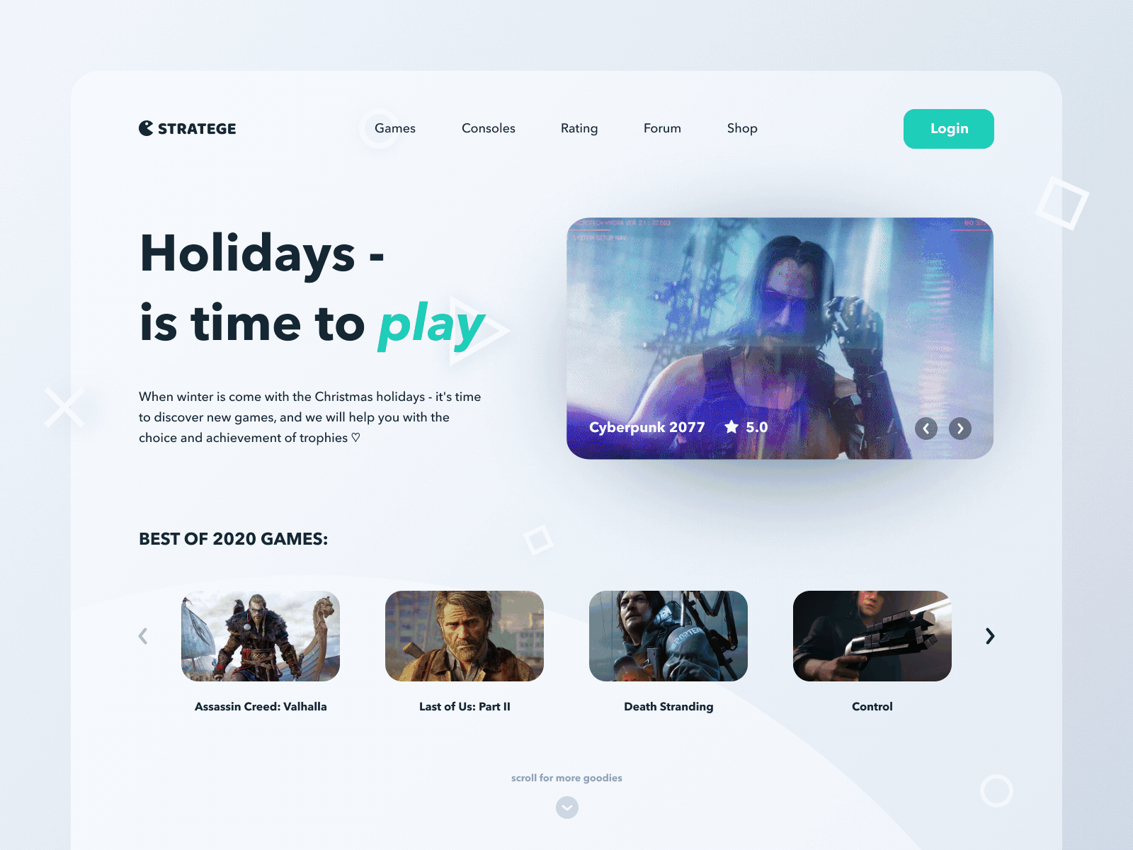 Holidays plans console control cyberpunk desktop gamer games gaming holidays landing play playstation shapes space ui design uiux valhalla web design website white winterfell