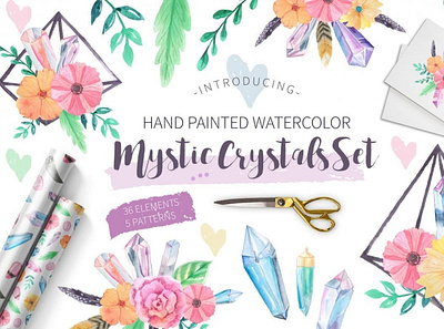 Watercolor Mystic Crystals Set digitalart florish illustrations watercolor