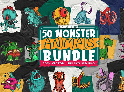 Monster Animals Cartoon Illustration Bundle design tshirt tshirtbundle tshirtdesign