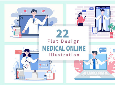 22 Online Doctor Medical Flat Design illustrations medical vector