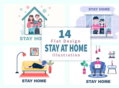 14 Stay at Home Flat Design covid digitalart illustrations vector