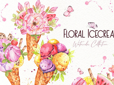 Floral Icecream Watercolor Set cliptart digitalart icecream illustrations watercolor