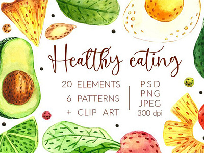 Aquarel hand drawn digital Healthy eating pack clipart food fruit illustrations vegies