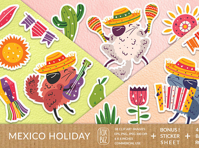 Mexico party clipart. Digital prints, stickers clipart illustrations mexico party