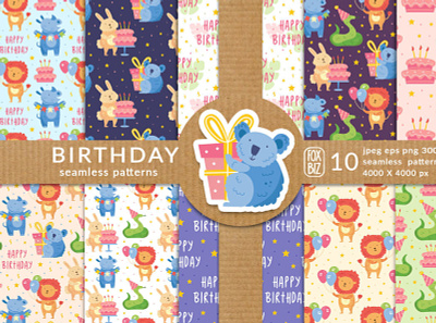 Happy Birthday party animals decoration illustrations patterns vector