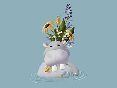 Digital Illustration: Hippo Love animal character child cute digital florist flower hippo illustration kid painting procreate