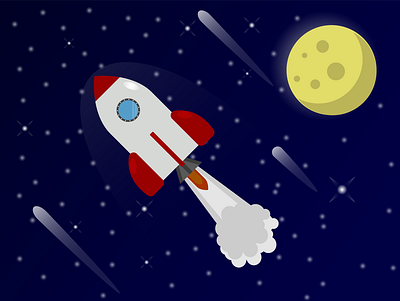 Rocket flying in space with full moon and shooting stars design graphic design illustration moon poster rocket shootingstars sky stars