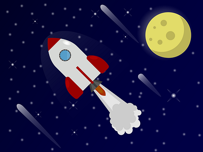 Rocket flying in space with full moon and shooting stars