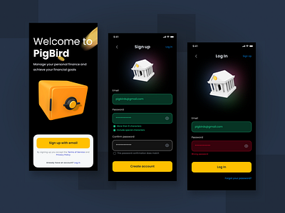 #pigbird_financial _dark_mode 3d dailyui financial app graphic design illustration sign in sign up splash screen ui