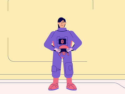 Space suit wearing 2d animation animation btc cartooning character design crypto cryptocurrency illustration look motion graphics rocket space suit wear