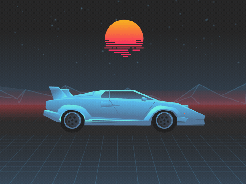 Retrowave Lamborghini 2d animation animation auto car countach crypto drive glow illustration lamborghini motion graphics neon retrowave solana sunset synthwave