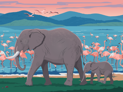 Elephants and flamingos beauty design elephant flamingo illustration lake landscape lemon mountain safari seagull sunset