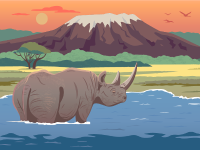 Rhino beauty design illustration lake lemon rhino safari sunset volcano water