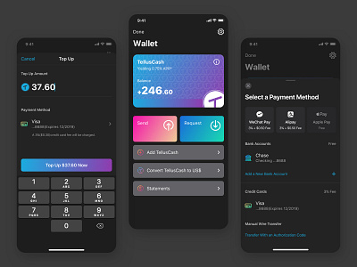 Dark Wallet amount app bank card dark dark mode dark theme design gradient interaction iphone x mobile payment select top up ui wallet yield