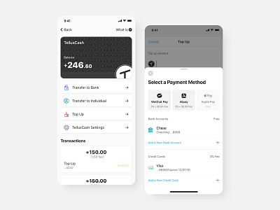 TellusCash app article balance card cash design interaction iphone x mobile payment popup top up transfer ui wallet