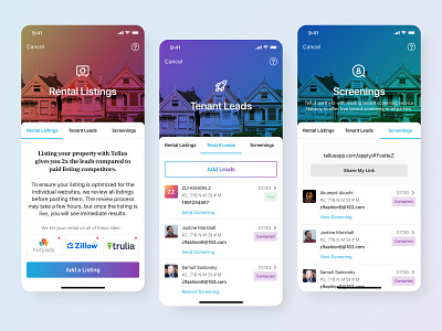 Rental Listings add app card design gradient interaction iphone x leads list listings rental screenings share tab tenant ui