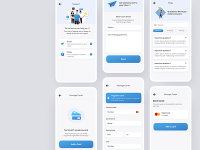 Email, FAQs, and Bank Card Management app design illustration ui ux web design