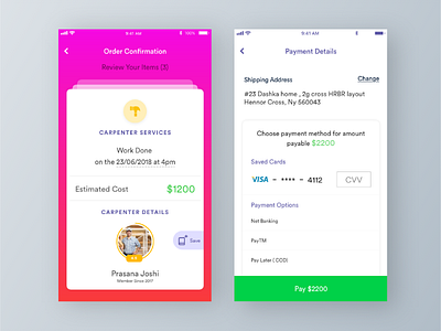 Payment Page app bill card cards gradient payment pink profile service summary ui ux