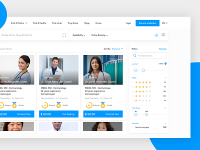 Doctor List & Filter app card design filter gradient illustration ui ux web website