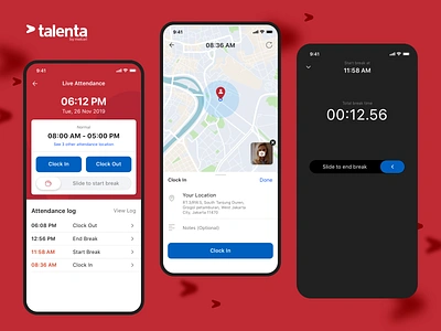 Live Attendance - Talenta App app application attendance break check in check out design live attendance location maps mobile mobile app mobile apps mobile attendance mobile ui native app stopwatch timer ui ux