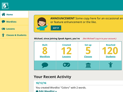 Home Dashboard for Teacher portal, Speak Agent interface design ui web app