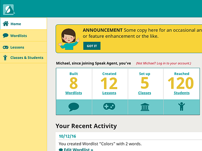 Home Dashboard for Teacher portal, Speak Agent