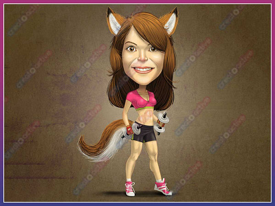 Lady with squirrel tail with Dumbells Caricature