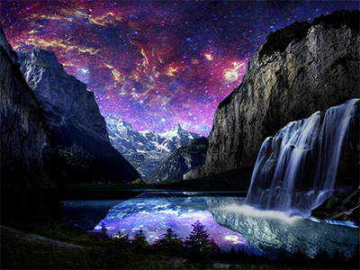 Galaxy Lake collage digital galaxy nebula painting space waterfall