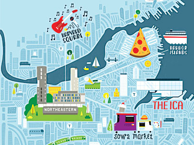 Northeastern - Map of Boston boats boston city illustration map music pizza trucks