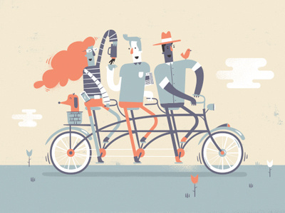 Sharing is Caring bicycle big hair bird characters illustration puppy