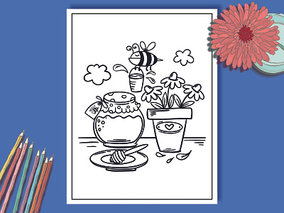 Coloring page with bee and honey