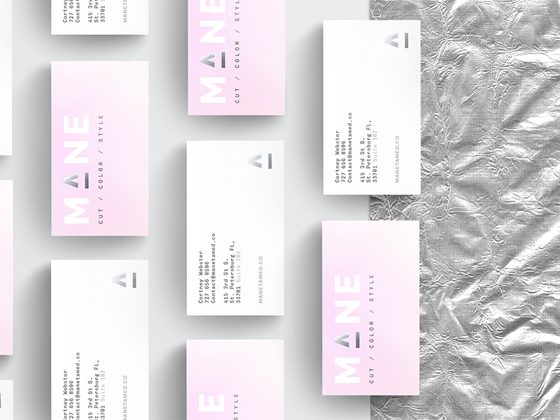 Mane Branding silver pink modern salon identity business cards minimal gradient foil branding
