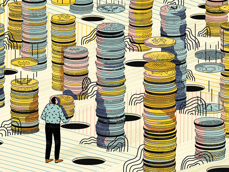 Signs of Strain in the Stock and Bond Love Affair coins editorial illustration investing new york times