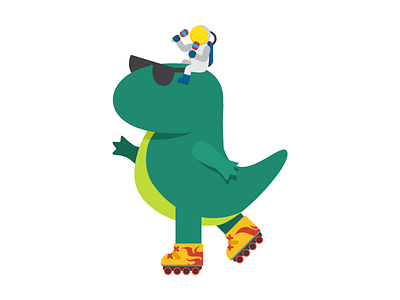 Astronaut with maracas over a rollerblading dinosaur