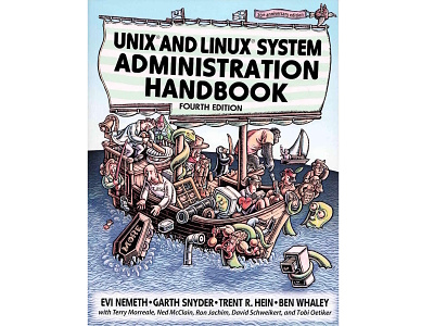 Unix and Linux System Administration Handbook Cover (with text) book design book illustration computers editorial illustration geeky illustration linux lisa haney programmers scratchboard sysadmin system administrator techie unix