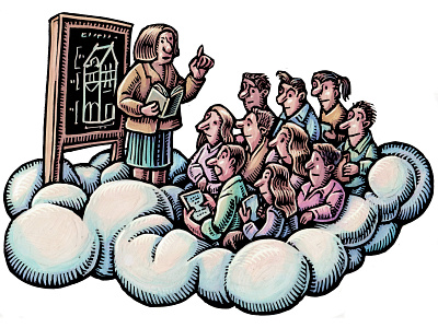 Teaching 'In The Cloud' Spot Illustration class classroom cloud editorial illustration illustration lisa haney online learning remote learning scratchboard spot illustration teacher teaching