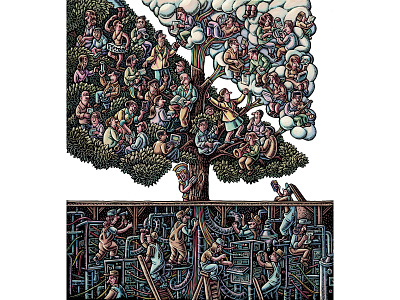 Full Page Illustration for "New Growth in Higher Ed" alumni magazine editorial illustration illustration infrastucture lisa haney magazine illustration scratchboard technology tree
