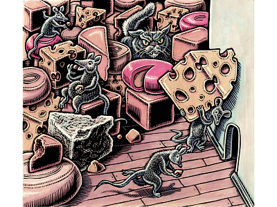 Illustration for article about taking investment returns business art cat cheese editorial illustration illustration investing investment lisa haney mouse scratchboard stock market