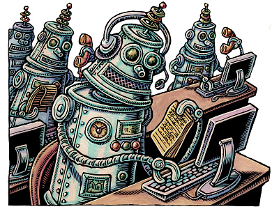Litigation Magazine "Call Me Maybe" ai artificial intelligence automation business call center chatgpt editorial illustration illustration lisa haney magazine illustration robot scratchboard spam technology