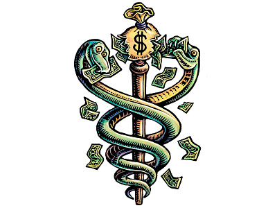 Medical Costs Eat Away at Social Security Payments... animal art caduceus cost of living editorial illustration illustration inflation lisa haney magazine illustration medical medical billing medicine scratchboard snake snakes social security