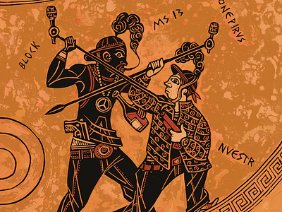 "Reason Behind the Rhyme: Rap Music and the Heroic Ideal" ancient classical gangsters greek vase heroes heroic illustration lisa haney painting rap scratchboard