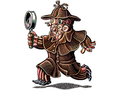 "The Future of Search" cooperation crowd sourcing detective group lisa haney looking scratchboard illustration search engine searching sherlock holmes teamwork