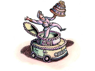 “Having Your Cake and Delivery Too” birthday cake birthday party car cartoon celebrate celebration deliver delivery festive illustration lisa haney scratchboard